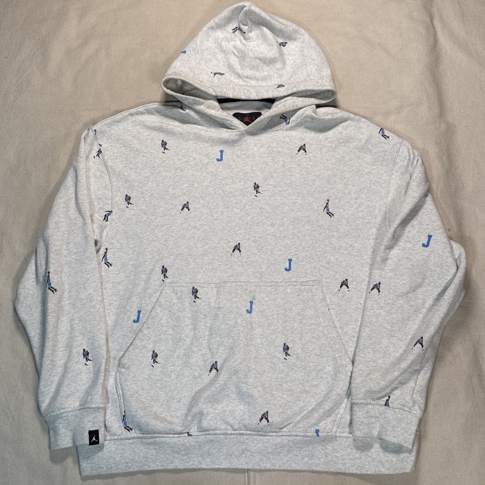 Jordan Hoodie Mens XXL Gray Pullover Fleece Sweatshirt Allover J Player Print